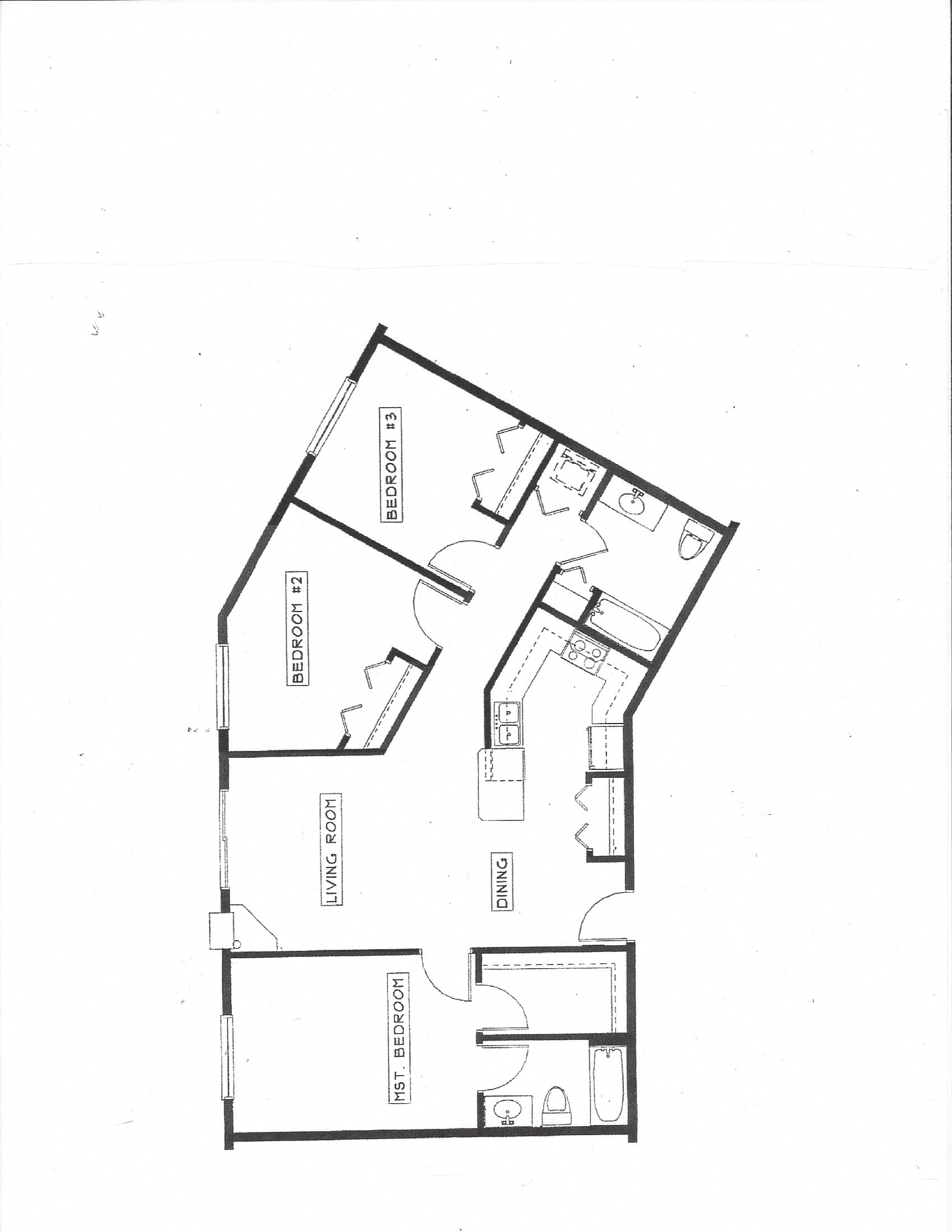 Floor plan for 3 beds, 2 baths, 1267 sqft